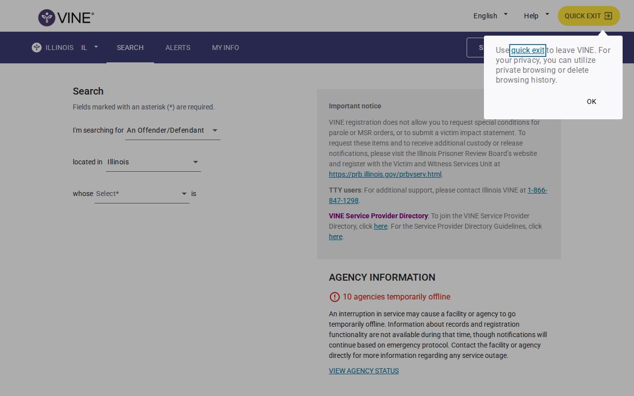 Neutral Illinois VINELink person custody search screen