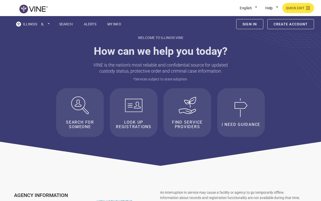 Illinois VINELink state landing screen for custody alert registration