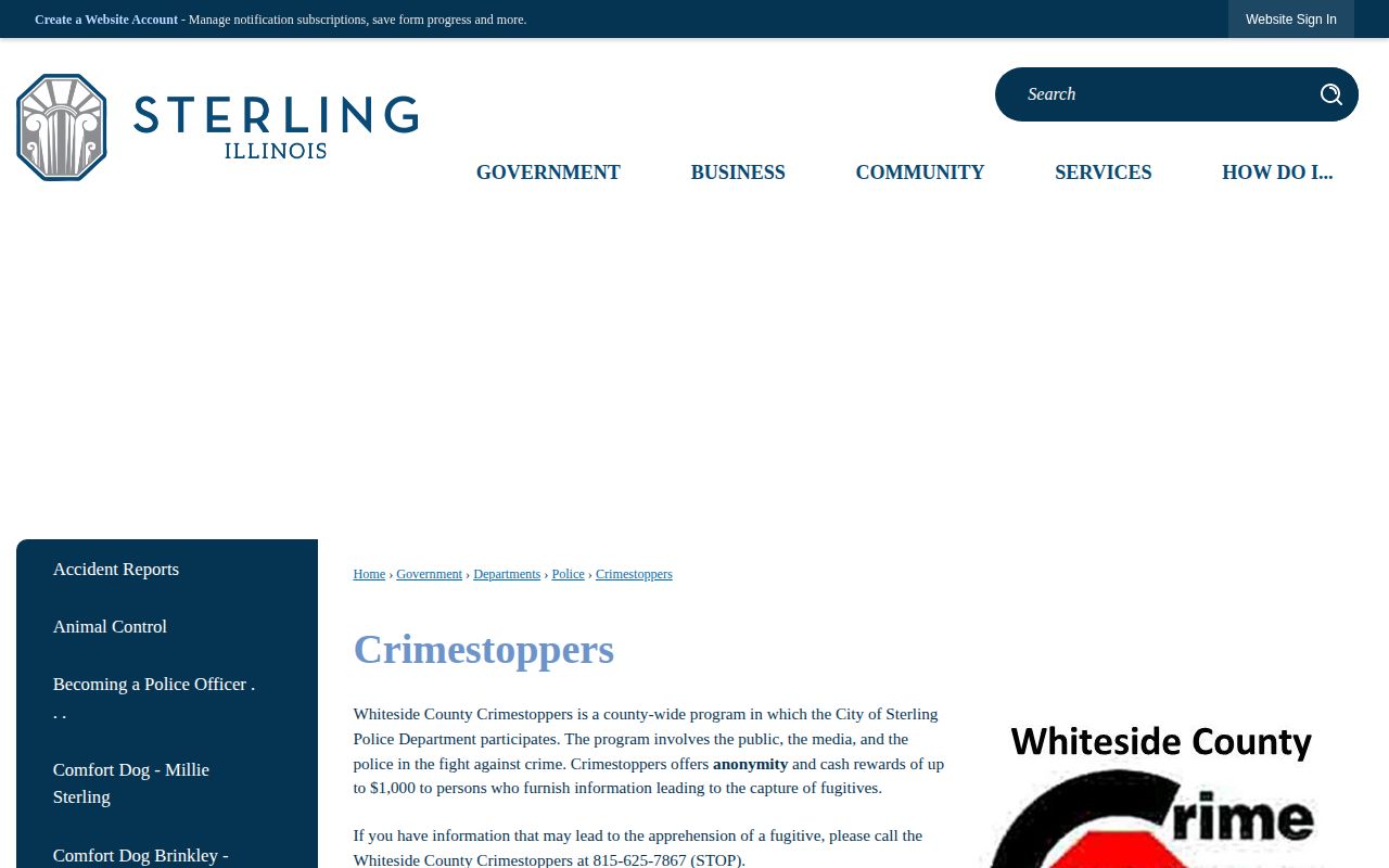 Whiteside County arrest warrant Crime Stoppers page